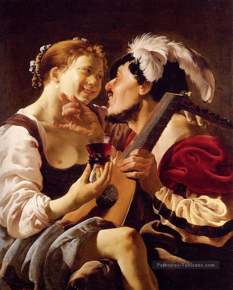 Un Luteplayer Carousing avec une jeune femme tenant un Roemer Peintre néerlandais Hendrick ter Brugghen Peintures à l'huile